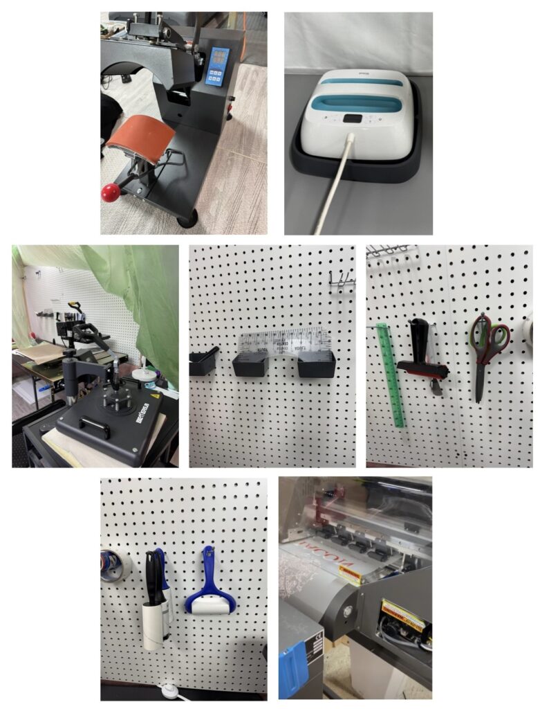 A showcase of tools used with Leebco, including heat presses, lint rollers, alignment tools, and printers essential for creating high-quality custom apparel.